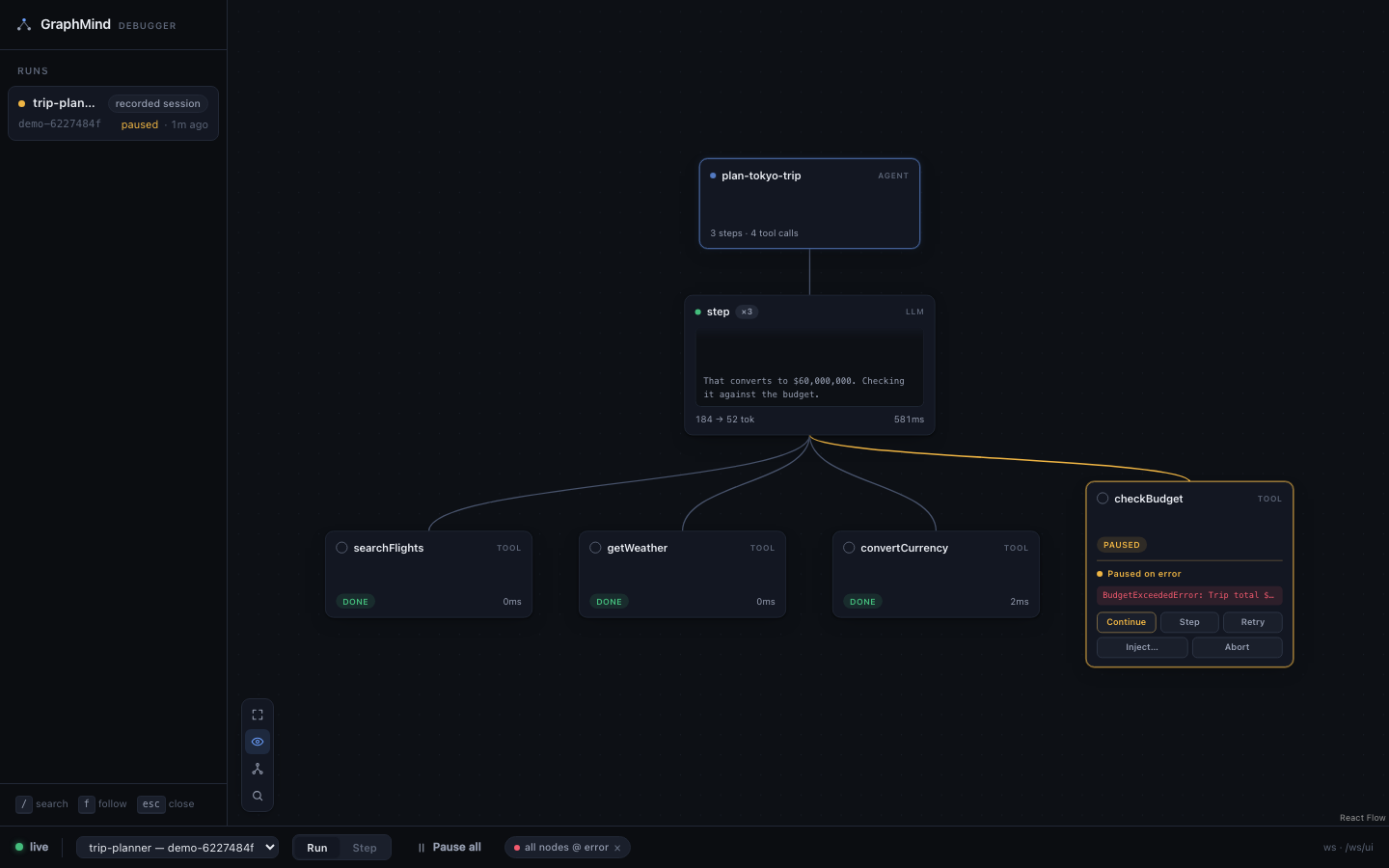 The GraphMind viewer holding a run at a failed tool call, with the pause banner and resume actions visible.