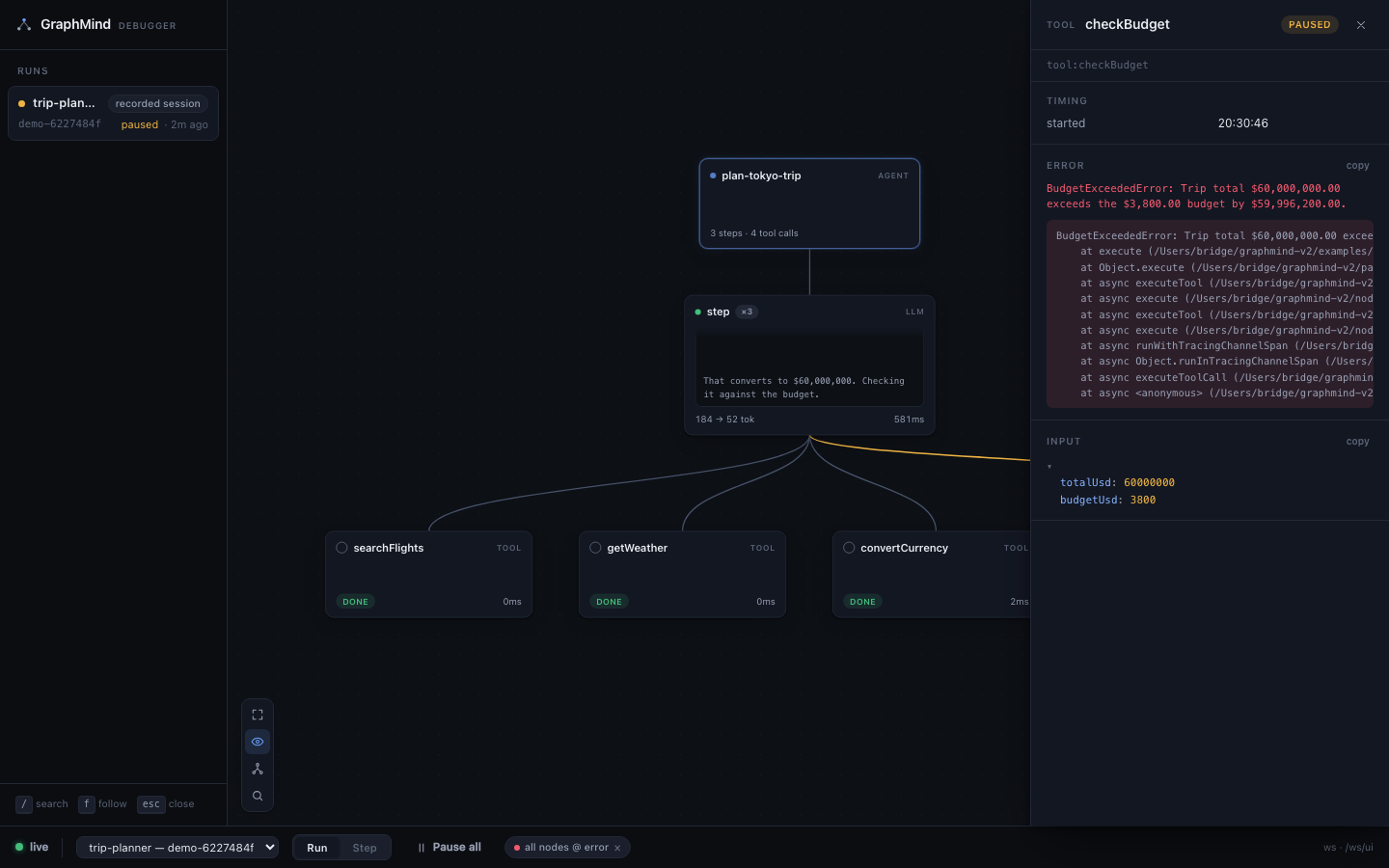 The GraphMind inspector open on a node, showing its input and output as an expandable JSON tree alongside timing and token usage.